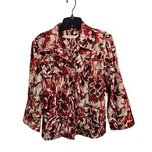 Coldwater Creek Womens Floral Linen Blend Lightweight Shirt Red Tan Snap Size M